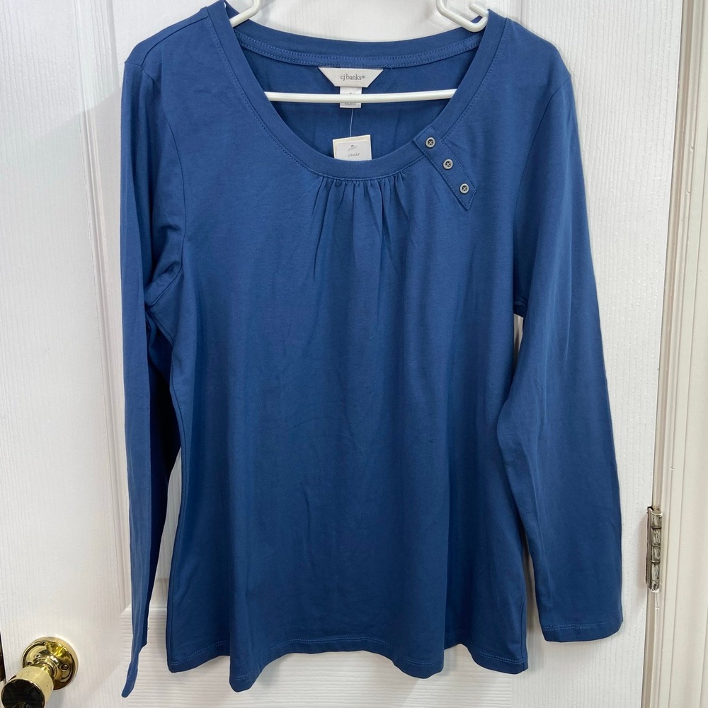 CJ Banks blue scoop neck cotton stretch ruched button long sleeve basic tshirt